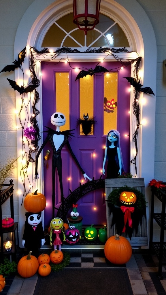 Halloween door decorated with Nightmare Before Christmas theme, featuring Jack Skellington and Sally.